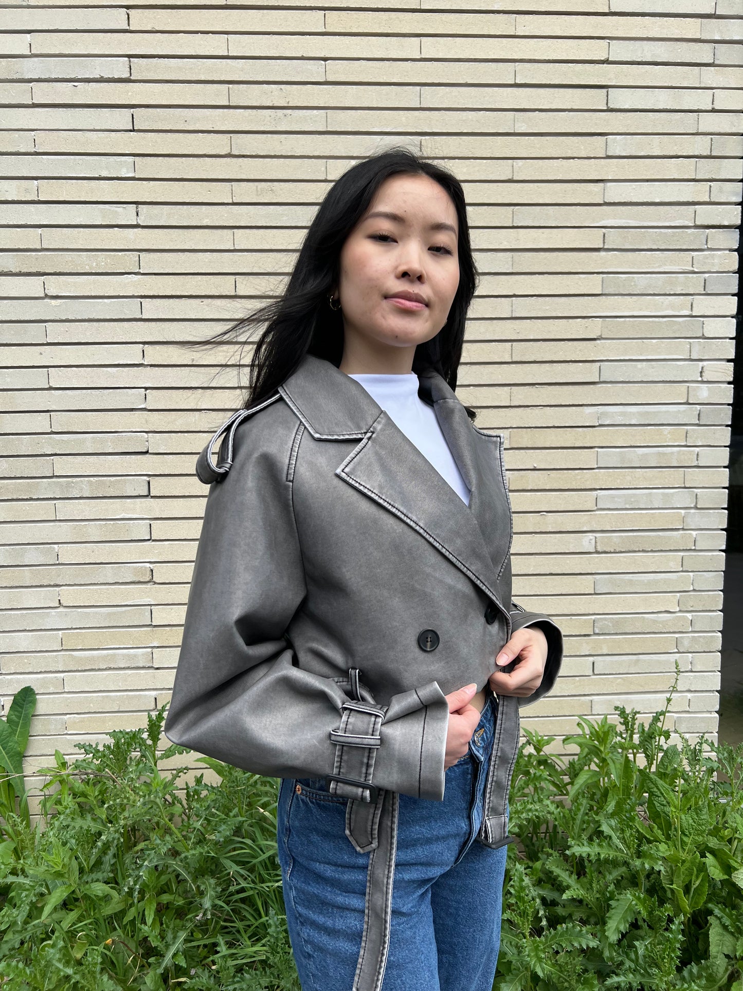 Cropped faux leather trench coat