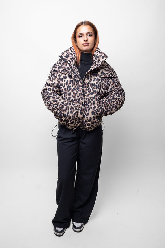 Quilted hooded coat leopard print