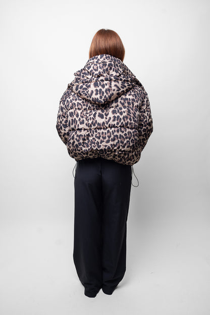 Quilted hooded coat leopard print