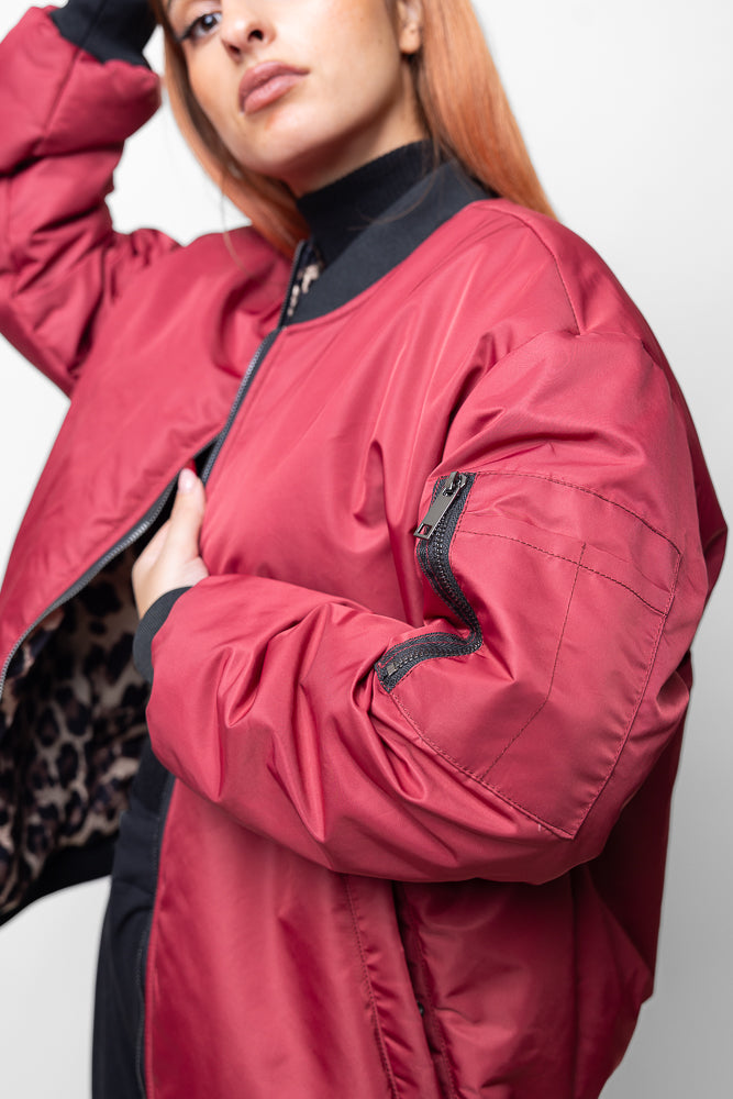 Reversible bomber with leopard interior