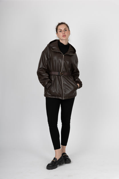 PARKA À CAPUCHE ET CEINTURE EN SIMILI CUIR