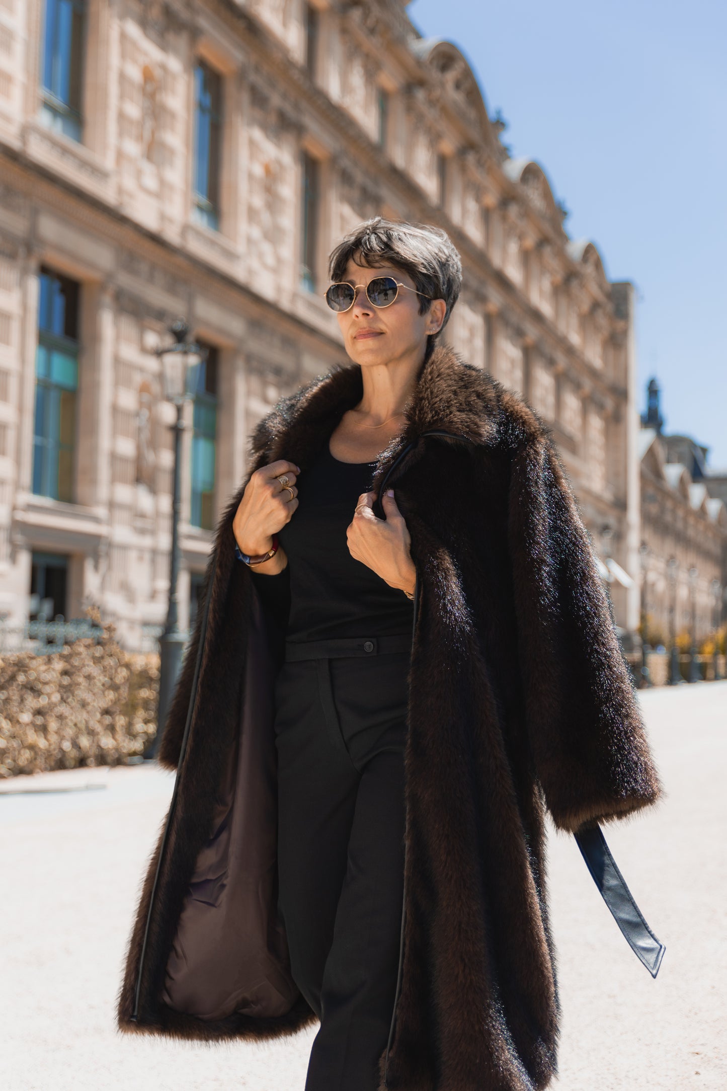 Faux Fur Coat with Faux Leather Belt