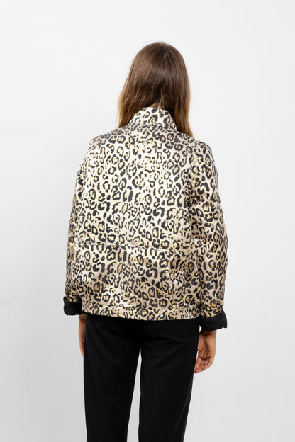 VESTE BLOUSON À MOTIF LEOPARD MÉTALLISÉ