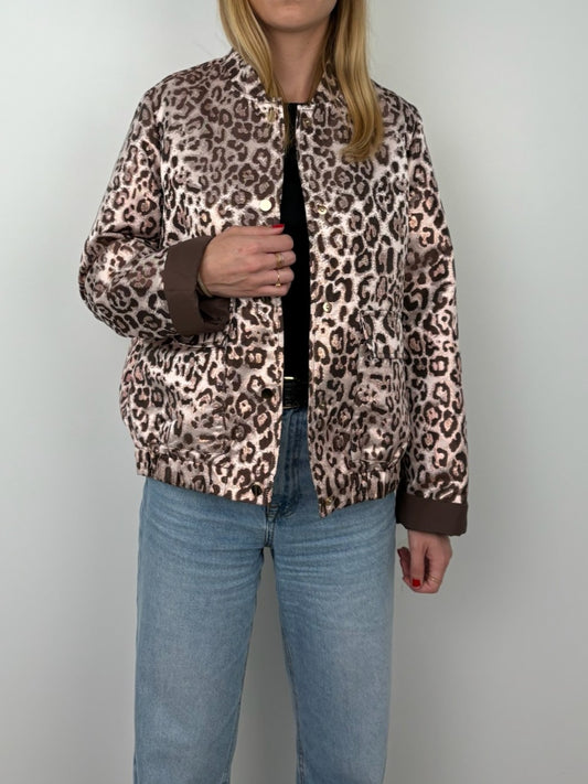 VESTE BLOUSON À MOTIF LEOPARD MÉTALLISÉ