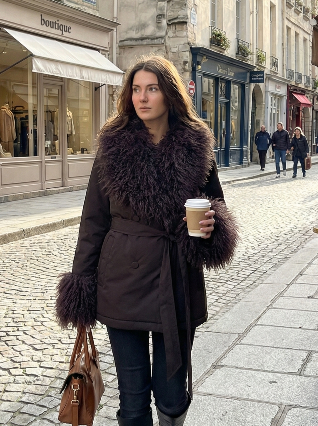 ABRIGO DE OVEJA DE MONGOLA CON CUELLO DE PIEL SINTÉTICA