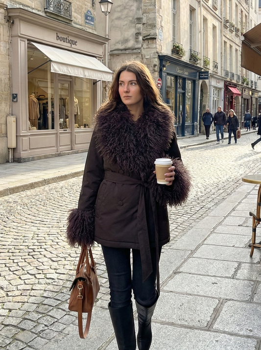 MANTEAU AVEC COL FAUSSE FOURRURE MOUTON DE MONGOLIE