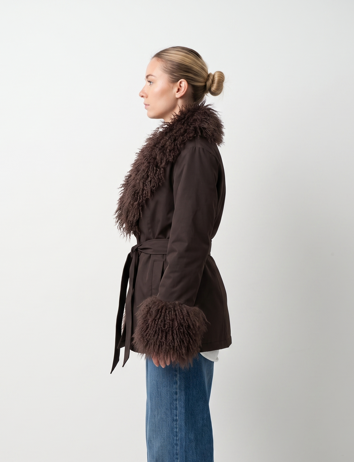 MANTEAU AVEC COL FAUSSE FOURRURE MOUTON DE MONGOLIE - K-ZELL PARIS