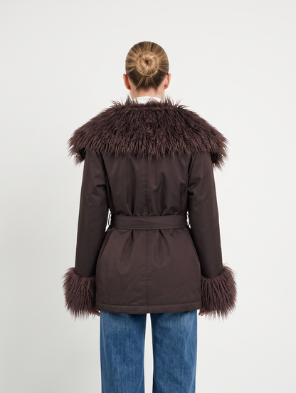 MANTEAU AVEC COL FAUSSE FOURRURE MOUTON DE MONGOLIE - K-ZELL PARIS