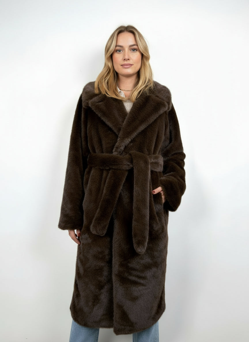 LONG FAUX FUR COAT WITH BELTED BACK
