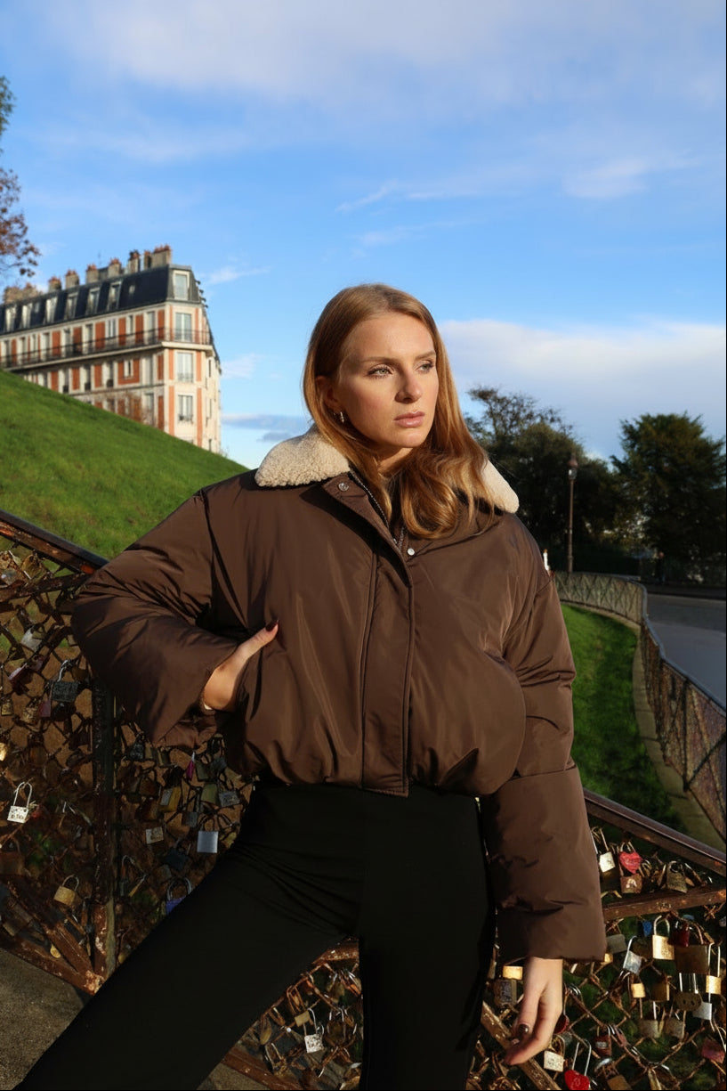 Puffer jacket with faux fur collar