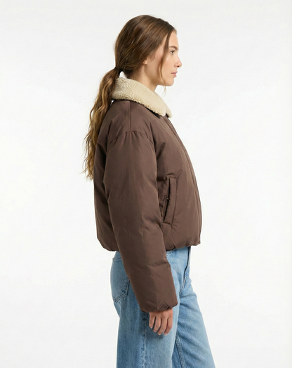 Puffer jacket with faux fur collar