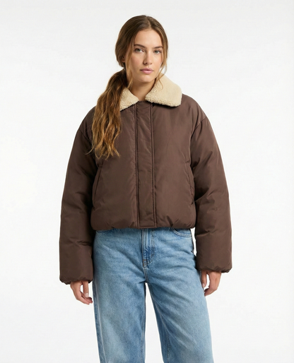 Puffer jacket with faux fur collar