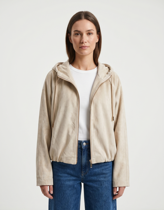 SUEDE-EFFECT HOODED ZIP-UP JACKET