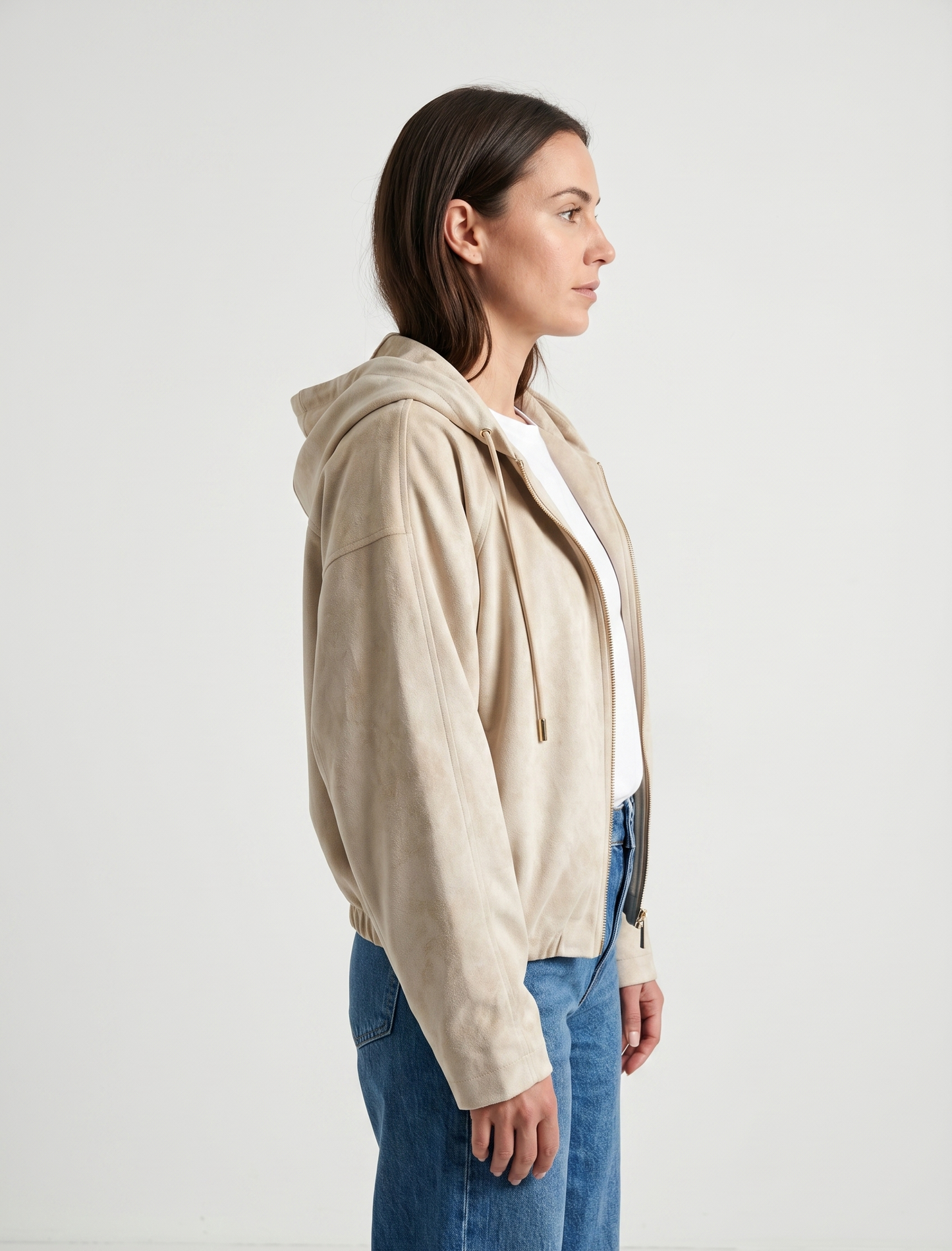 SUEDE-EFFECT HOODED ZIP-UP JACKET