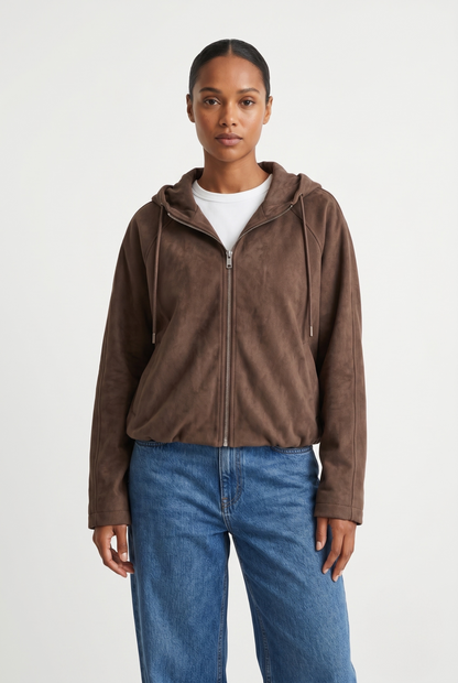 SUEDE-EFFECT HOODED ZIP-UP JACKET
