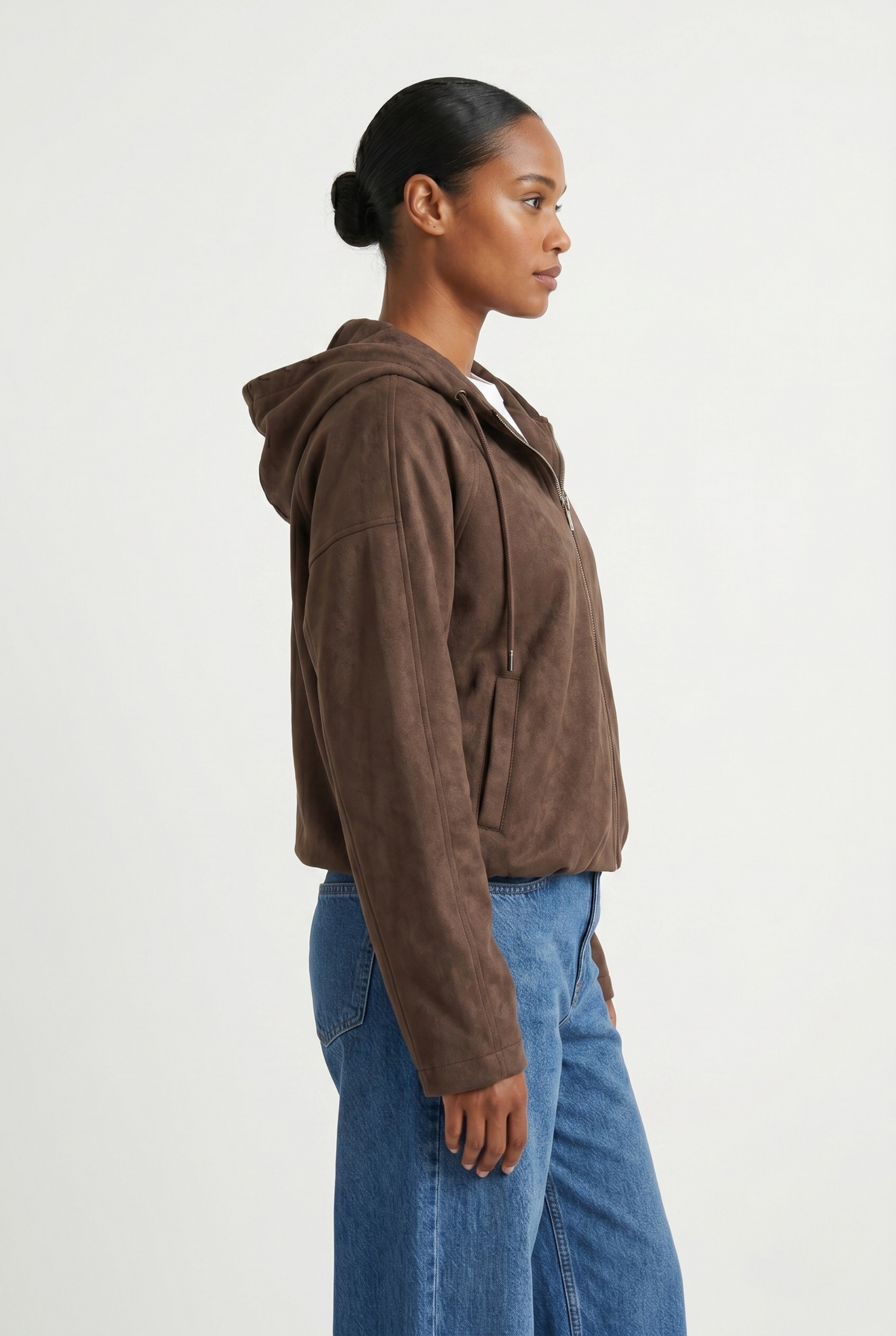 SUEDE-EFFECT HOODED ZIP-UP JACKET