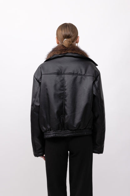 BLOUSON SIMILICUIR AVEC COL FAUSSE FOURRURE AMOVIBLE - K-ZELL PARIS