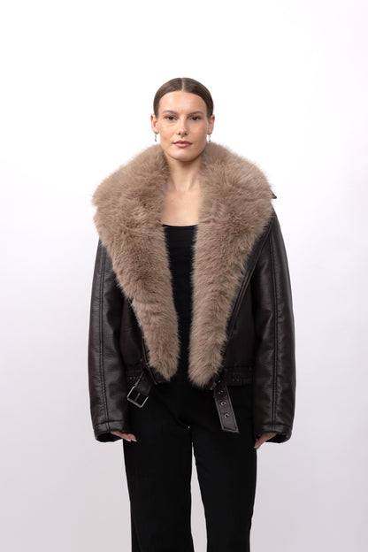 BLOUSON SIMILICUIR AVEC COL FAUSSE FOURRURE AMOVIBLE - K-ZELL PARIS