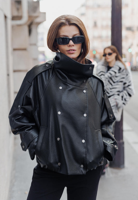 FAUX LEATHER JACKET WITH STAND-UP COLLAR