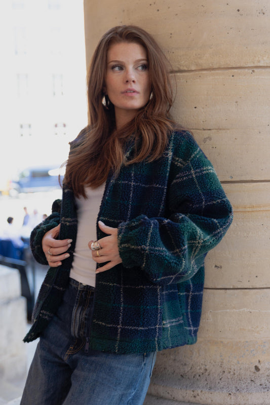 GILET EFFET MOUTON À CARREAUX