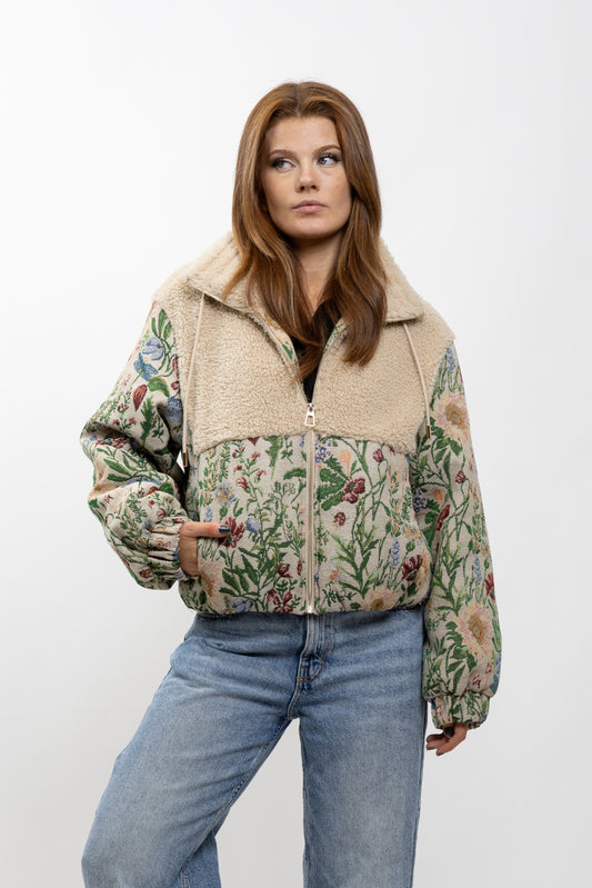 FLORAL JACQUARD AND FAUX SHEARLING PUFFER JACKET
