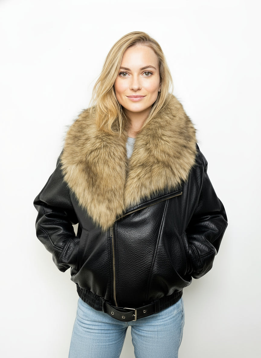 BLOUSON EN SIMILICUIR AVEC FAUSSE FOURRURE