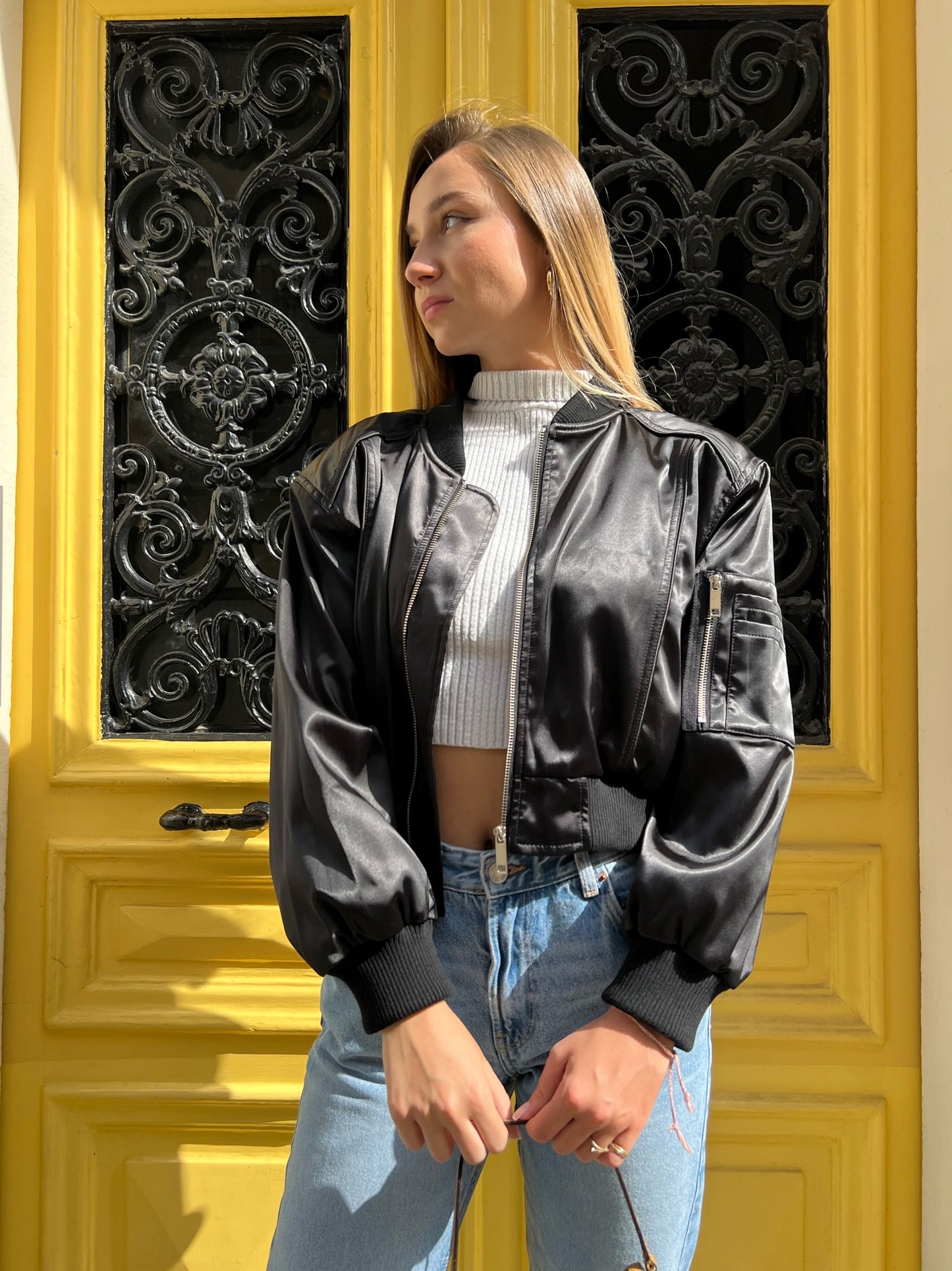 Cropped Wide Shoulder Satin Bomber