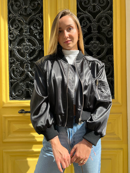 Cropped Wide Shoulder Satin Bomber