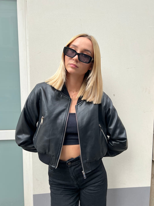 SHORT FAUX LEATHER BOMBER JACKET