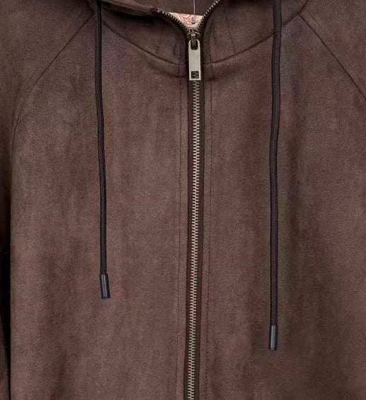 SUEDE-EFFECT HOODED ZIP-UP JACKET