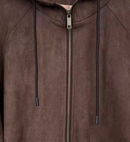 SUEDE-EFFECT HOODED ZIP-UP JACKET