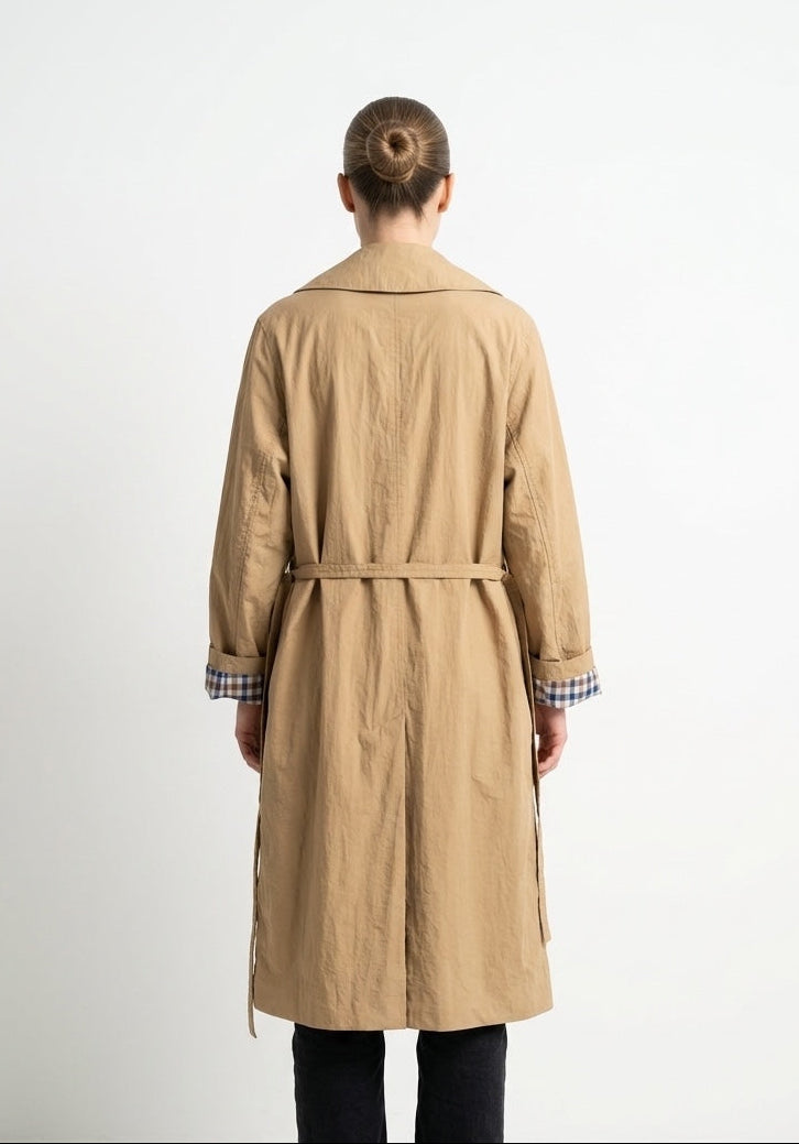 LONG TRENCH COAT WITH BELT AND CHECK LINING