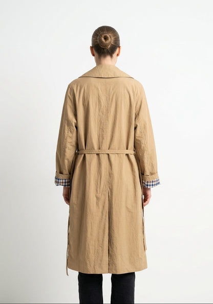 LONG TRENCH COAT WITH BELT AND CHECK LINING