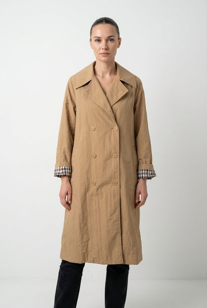 LONG TRENCH COAT WITH BELT AND CHECK LINING