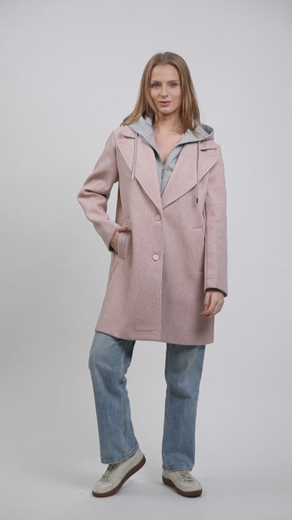 MANTEAU FAUX 2 PIÈCES AVEC CAPUCHE CONTRASTÉE